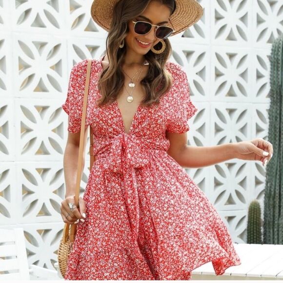 FLORAL RED MINI DRESS - Picture 3 of 10